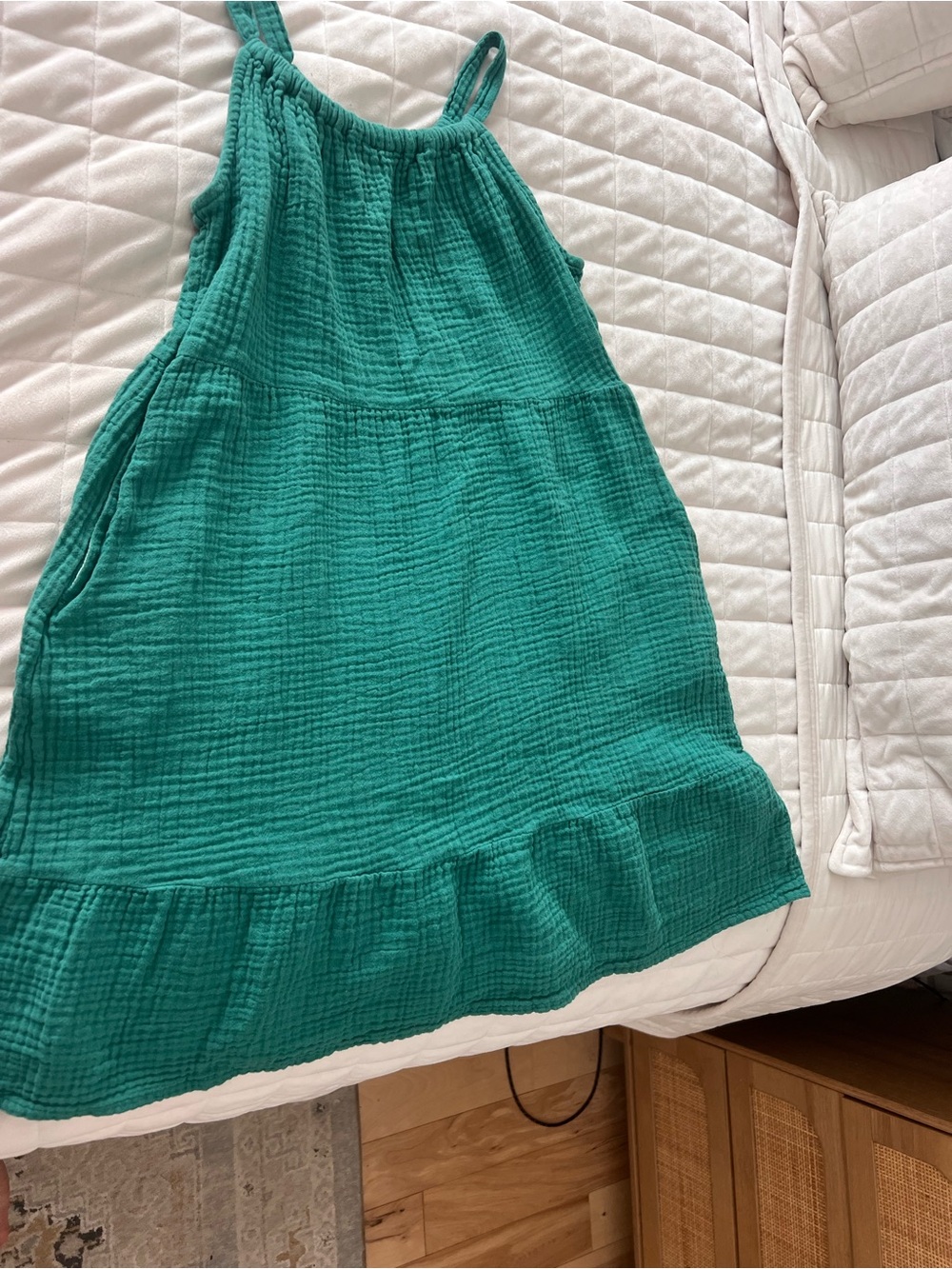 Girls’ Emerald Green Cotton Gauze Skater Dress with Ruffle Hem